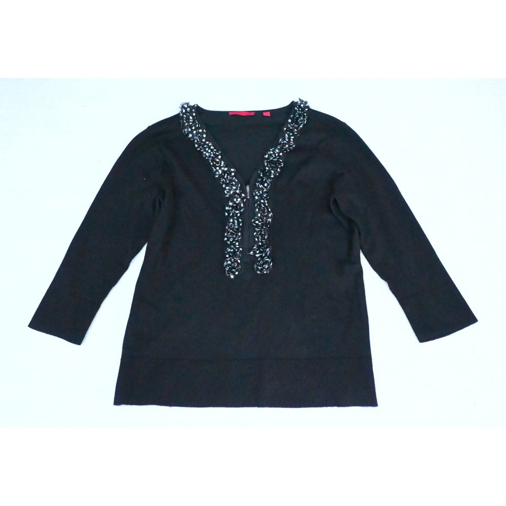 Womens L Black Knit Top Chiffon Rosette Trim V Neck Zip Three Quarter Sleeve